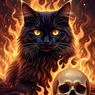 a black cat sitting next to a human skull on top of a fire covered ground Halloween Fiery Felines-black Custom Kitty, dark slate gray