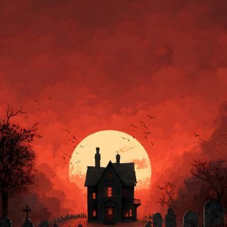 a creepy house in the middle of a field with pumpkins on it and bats flying around Halloween Art Iphone saddle brown