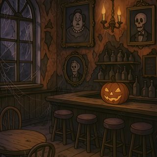 a room filled with wooden tables and chairs next to a window covered in halloween decorations Vintage Halloween Art black