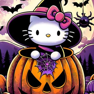 a hello kitty halloween scene with pumpkins and jack - o'- lanternes Halloween Hello Kitty 3d Color, Of Hello Kitty Halloween, Halloween, Kitty Drawing, sienna