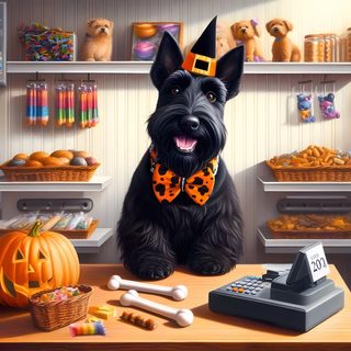 a painting of a dog sitting at a desk Halloween Scottish Terrier Scottish Terrier Dog, Scottish Terrier Fall Decor, Scottish Terrier Pumpkin, dim gray