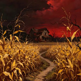 a painting of a corn field with a house in the distance and red sky above Halloween Farm The Other Side, Siding, maroon