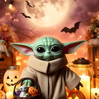 the child yoda doll is holding a basket with halloween decorations in front of it Star Wars Halloween Halloween, Star Wars, Baby Yoda Background, Background Baby Yoda, Star Wars Love, sienna