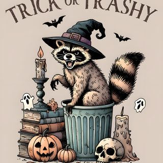 a raccoon wearing a witches hat sitting in a trash can with skulls and candles Halloween Raccoon Cute Halloween Raccoon Art, Funny Halloween Greeting Card, Halloween Party Decoration Ideas, light gray