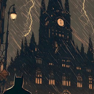a batman standing in front of a clock tower at night with lightning coming from the sky Batman Halloween Iphone Batman Background Art, Batman Vintage, Batman Landscape, dark slate gray