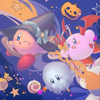 an image of some cartoon characters in the air with stars and clouds behind them, Kirby Halloween 4k Nintendo Halloween, Kirby Halloween Matching Pfp, Scared Kirby, light slate gray