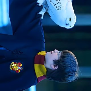 a young boy wearing a harry potter outfit with an owl on his shoulder and hogwart's crest Harry Potter Halloween Harry Potter Movies Aesthetic, Harry Potter Movie Aesthetic, Harry Potter Aesthetic Movie, midnight blue