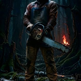 a man holding a chainsaw standing in the middle of a forest filled with trees Halloween Killer Hd black