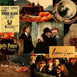 a collage of harry potter images with pumpkins and other things in the background Harry Potter Halloween Aesthetic Computer Hd, Harry Potter Poster, Yer A Wizard Harry, saddle brown