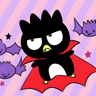 a cartoon bat flying through the air with other bats around it on a purple and pink striped background Badtz Maru Halloween Badtz Maru Halloween, Badtz Maru Vampire, Bats From Hello Kitty, Sanrio Bat, thistle
