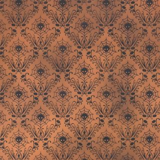 an orange and black wallpaper with floral designs on the backgrounge surface Halloween Dollhouse Halloween Background Paper, Halloween Dollhouse, Haunted Dollhouse, sienna