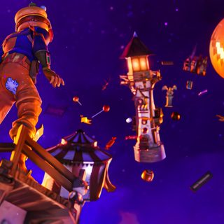a man standing on top of a wooden platform next to a jack - o'- lantern Fortnite Halloween Jack Skellington Fortnite, Fortnite Orange Background, Nightmare Before Christmas Fortnite, midnight blue