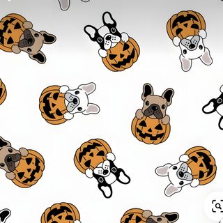 an animal themed wallpaper with dogs and pumpkins on it's back ground Halloween French Bulldog Cute Halloween Dog Cartoon, Dog Pumpkin, Cute Halloween Puppy Backgrounds, white smoke