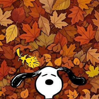 a cartoon dog is surrounded by leaves Peanuts Halloween saddle brown