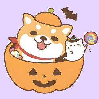 a cat in a pumpkin with a dog inside Shiba Inu Halloween Rilakkuma Pumpkin, Sumikko Gurashi Halloween, Rilakkuma Fall, lavender