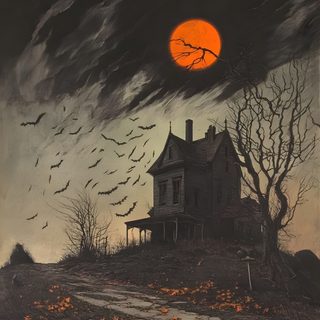 a painting of a house with bats flying over it Vintage Halloween Haunted House Spooky House Photography, Spooky Vintage Halloween, Spooky Scenery, dark slate gray