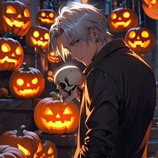 an anime character standing in front of pumpkins Halloween Boy Anime Male Ghost, Gojo Halloween Fanart, Jjk Halloween Art, dark slate gray