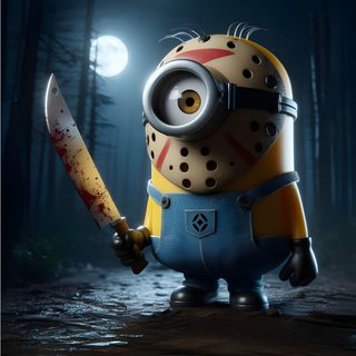 a minion holding a knife in the woods at night with lights on behind it Minions Halloween Minions Friday The 13th, Minion Jason, Minion Zombie, black