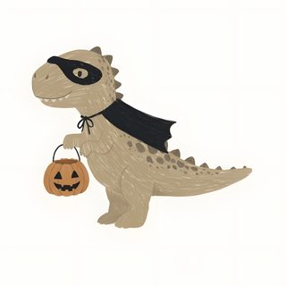 a drawing of a dinosaur holding a trick bag Halloween Dinosaur For Nursery white smoke