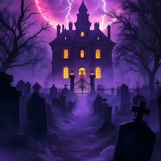 a spooky halloween house with lightning in the background Halloween 4k Video Haunted House, Halloween, Spooky Purple Haunted House, Halloween Watch, midnight blue