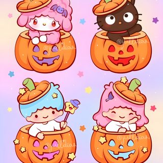 some cartoon pumpkins with different faces and hair on them, one has a cat in the Sanrio Halloween Pastel Kawaii Halloween, Chibi Gift, Sanrio Halloween, Halloween Pngs, Spooky Tattoos, pink