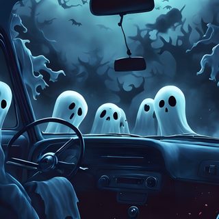the interior of a car with ghost decorations on it Blue Halloween Iphone Creepy Car-themed Party Inspiration, Ghosts In A Vintage Car, Halloween Decoration Ideas,