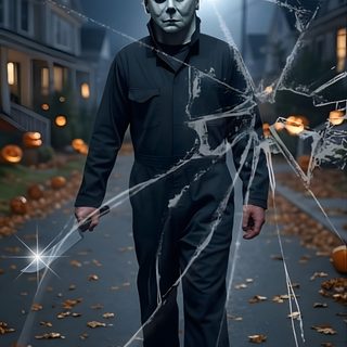a man wearing a mask and holding a knife in the middle of a street at night Halloween Michael Myers Iphone Halloween Movies, Michael Myers, Halloween Art, Halloween, dark slate gray