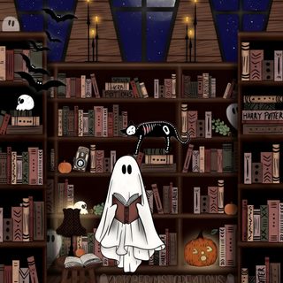 a book shelf filled with lots of books next to a ghost in front of a window Halloween Spooky Books Library Spooky Bookshelf, Spooky Book, Bookish Halloween, Ghost Book, dark slate gray
