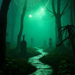 a path in the middle of a forest with glowing lights on it's sides Halloween Green Aesthetic dark green