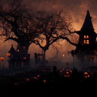 a spooky halloween scene with creepy houses and pumpkins Halloween Evening Custom Dark Halloween Landscape, Halloween Decoration Ideas, Halloween Spooky Graveyard Scene, black