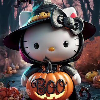 hello kitty is dressed up as a witch with her pumpkin in front of the woods Halloween With Hello Kitty In A Hat Hello Kitty Halloween, Hello Kitten, Halloween Backgrounds, dark slate gray