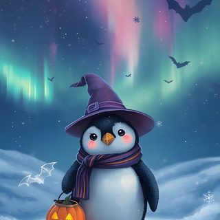 a penguin wearing a witches hat and holding a jack - o'- lantern in the snow Penguin Halloween Winter Penguin, Halloween, steel blue