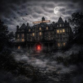 an image of a creepy hotel at night with the lights on and fog in the air Halloween Haunted Hotel Paranormal Investigation, History, Hotel, Hotel Building, dark slate gray