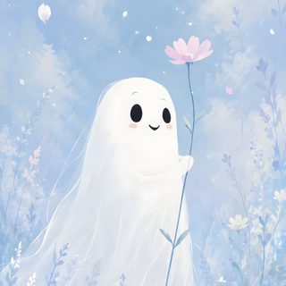 a painting of a white ghost holding a pink flower in it's hand and looking up at the sky Pastel Blue Halloween Magic Art Aesthetic, Cute Backgrounds Aesthetic, Cute Ghost Aesthetic,