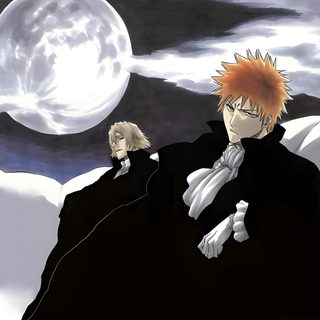 two anime characters are standing in front of a full moon and the sky is cloudy Bleach Halloween Ichigo Kurosaki, Yoruichi Shihouin, Rukia Bleach, Bleach Funny, Mangá, dark slate gray