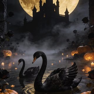two black swans floating on top of a lake next to pumpkins and candles in front of a full moon Elegant Halloween dark slate gray