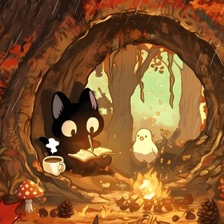 an illustration of a cat reading a book in front of a tree with birds and mushrooms Lofi Halloween Desktop Halloween Desktop, Minimalist Phone, Couverture Facebook, Flowery, saddle brown