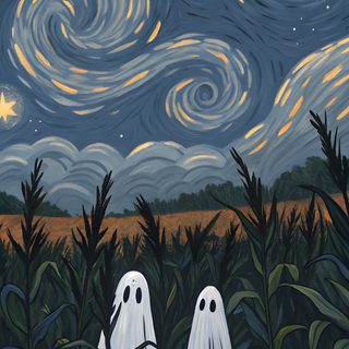 two ghost standing in the middle of a cornfield under a night sky with stars Calm Halloween Halloween Iphone Aesthetic, Halloween Home Screen, Iphone Halloween Aesthetic, dark slate gray