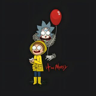 a cartoon character holding a red balloon with the words futura mort written on it Rick And Morty Halloween Rick And Morty Halloween, Rick And Morty Pennywise, Rick And Morty Supreme, black