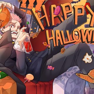 a man sitting on top of a chair in front of a sign that says happy halloween Jujustu Kaisen Halloween 1920x1080 Jjk Halloween Background, Jujutsu Kaisen Halloween, Sukuna Halloween Art, dim gray