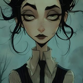 a drawing of a woman with her eyes closed and hair blowing in the wind, wearing a dress shirt and tie Halloween Portrait Dark Writer, Gothic Girl Illustration, Dnd Journalist, dark slate gray