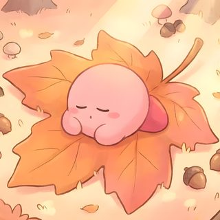 a cartoon character sleeping on top of a leaf in the woods with mushrooms and leaves around him Kirby Halloween 4k burlywood