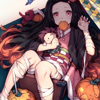 a woman sitting on top of a suitcase holding a candy lollipop in her hand Nezuko Kamado Halloween Nezuko Thanksgiving, Demon Slayer Halloween, Nezuko Kamado Halloween, indian red