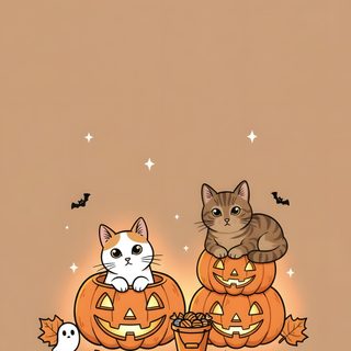 two cats sitting on top of pumpkins with bats and ghost's around them Halloween - Bats And Cats - Cream Halloween Backgrounds, Halloween, rosy brown