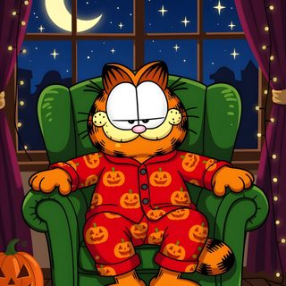 a cartoon cat sitting in a green chair with a pumpkin on it's feet Halloween Garfield Thundercats, Garfield Fall, Garfield Halloween, Garfields Halloween, dark slate gray