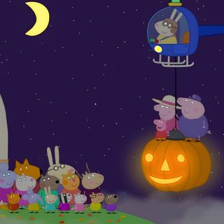 a group of cartoon characters sitting on top of a pumpkin in front of a house Peppa Pig Halloween Pumpkin Party Peppa Pig, Halloween Peppa Pig Pumpkin, Peppa Pig Autumn, midnight blue