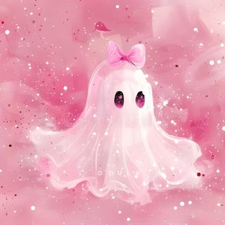 a ghost with a pink bow on its head in the air and butterflies around it Pink Halloween Laptop Halloween Aesthetic Pfp, Halloween Banners, Pink Desktop, Ghost Drawing,