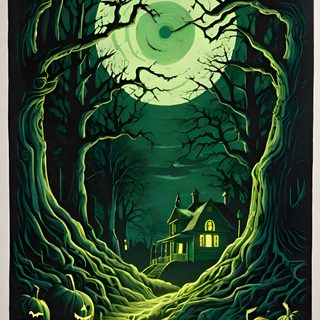 a painting of a creepy house in the woods with pumpkins on the ground and a full moon behind it Green Halloween Green Background Spooky Art, Green Forest Moon Scene, Green Halloween Background, black