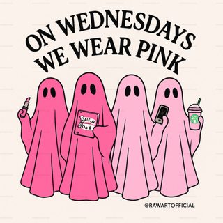 three pink ghost characters with the words on wednesday's we wear pink Mean Girls Halloween Pink Wednesday, Cute Halloween Mean Girls, Mean Girls Halloween, linen