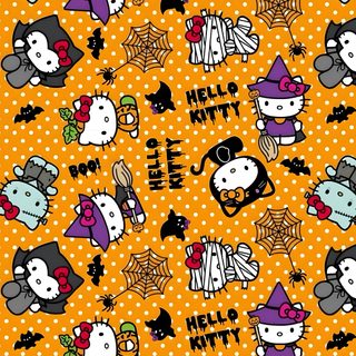 an orange and black background with hello kitty characters Sanrio Halloween goldenrod